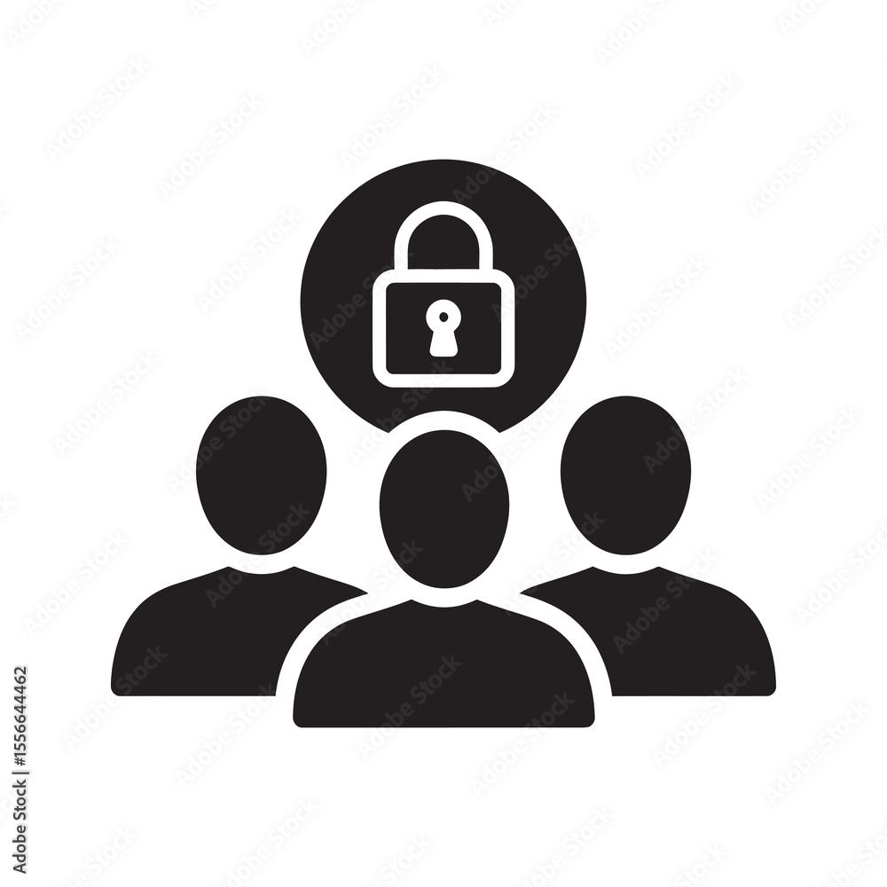 Poster team security solid glyph icon showing group with shield for data protection user privacy and secure