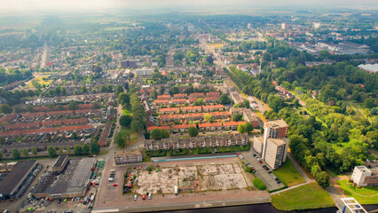 Aerial view of the old town of the city Hoogezand in the Netherlands on a sunny day in summer