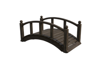 A charming wooden arch bridge design, ideal for a rustic garden pathway crossing. Isolated on white or transparent background. PNG format.