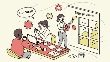 Digital marketing team plans social media content strategy for user engagement and viral growth. Collaborative content creation process.