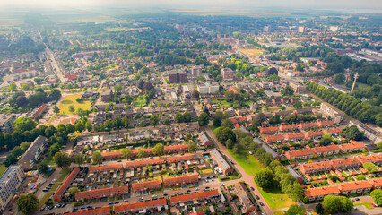 Aerial view of the old town of the city Hoogezand in the Netherlands on a sunny day in summer