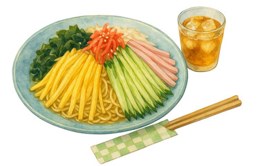 涼しげな冷やし中華と麦茶の水彩イラスト/Refreshing Watercolor Illustration of Hiyashi Chuka and Iced Tea