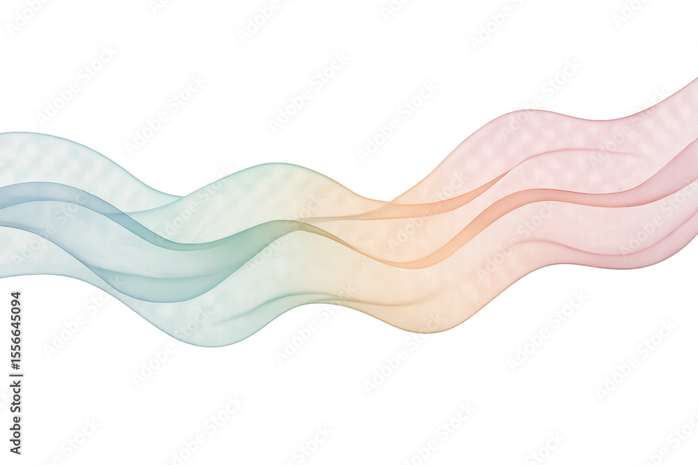 Poster flowing colorful wave design element with soft gradients, curving across transparent background in v