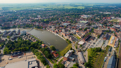 Aerial panorama view of the city Leer in the Germany on a sunny day in summer
