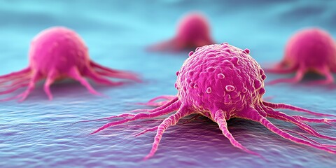 Hyper-realistic close-up of microscopic cells or crystalline snowflakes in the background, symbolizing the aggressive growth of cancer cells with intricate biological and medical detail.
