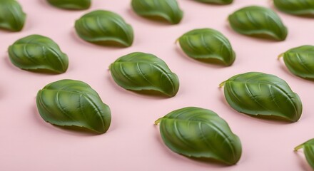 Fresh green basil leaves arranged in a repeating pattern on a soft pink background for culinary and design inspiration