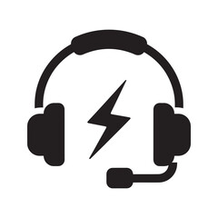 Gaming power solid glyph icon with headset and lightning for esports energy boost streaming accessory and gamer performance enhancement