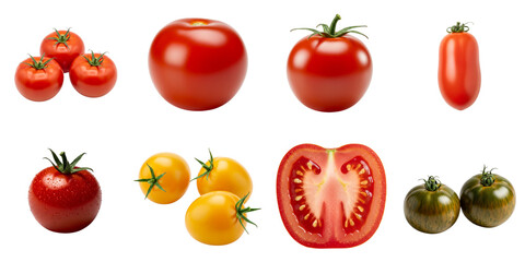 Various types of tomatoes in different shapes and colors on white background, set  