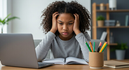 Black girl frustrated, remote school from home and laptop for online learning, overworked and stress. Young female, kid and child with homework, education and unhappy for study, burnout and anxiety.