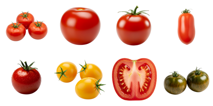 Various types of tomatoes in different shapes and colors on white background, set  