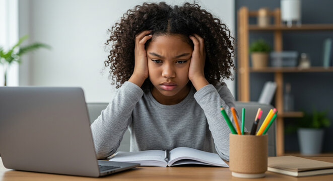 Black girl frustrated, remote school from home and laptop for online learning, overworked and stress. Young female, kid and child with homework, education and unhappy for study, burnout and anxiety.