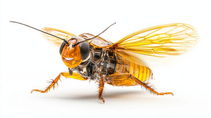 Futuristic mechanical bee robot insect with transparent wings and metal parts, concept of bioengineering, cyber insect or sci-fi hybrid illustration