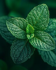 Fresh mint leaves macro close-up with detailed texture and vibrant green color, botanical herbal plant for natural organic food and wellness concept