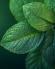 Fresh green leaves macro shot with detailed texture and veins, natural botanical close-up for eco design and organic concept
