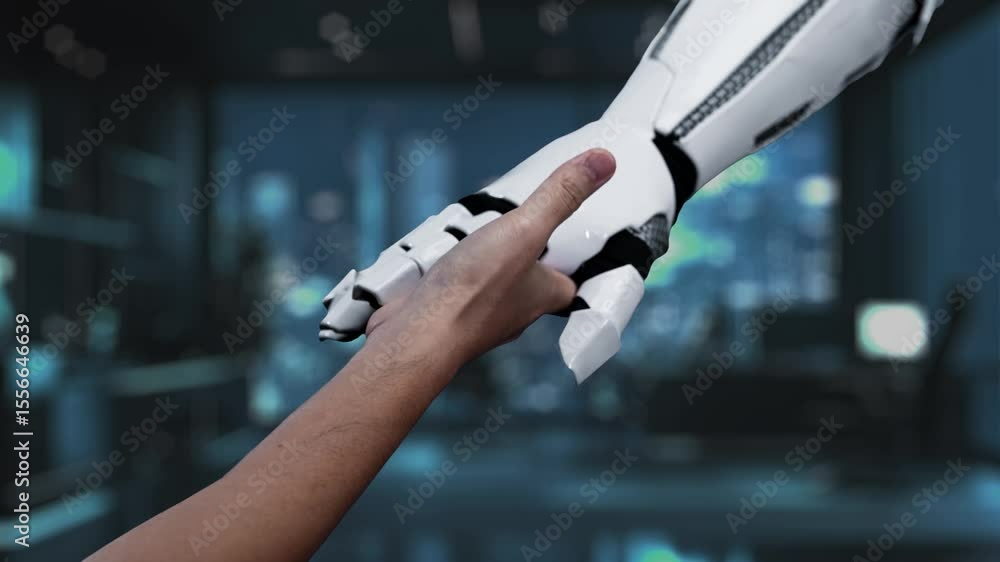 Poster a dynamic hand reaches towards a glowing digital circuit chip, surrounded by abstract technology ele