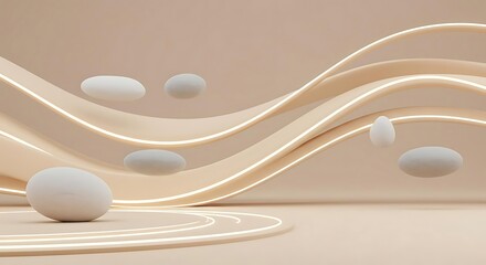 Abstract Beige Wave Background with Floating Ovoids 3D Render