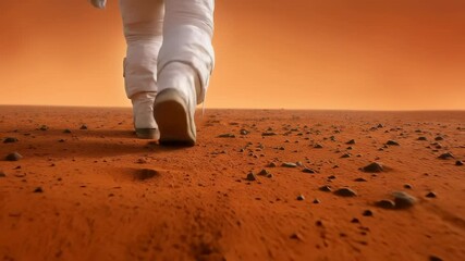 Astronaut walking in white spacesuit leaving footprints on rocky orange Martian landscape with dramatic sunset horizon - Powered by Adobe