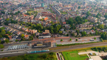 Aerial view of the old town of the city Wolvega in the Netherlands on a sunny day in summer	