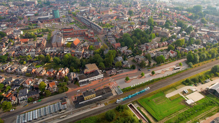 Aerial view of the old town of the city Wolvega in the Netherlands on a sunny day in summer	