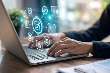 E-invoice and online digital statements concept. Businessman working with digital invoice management system on computer laptop.