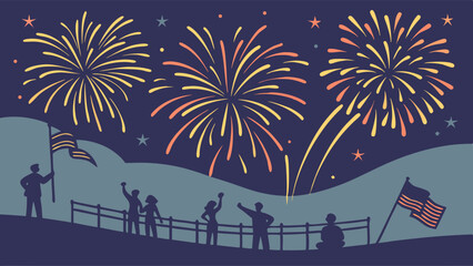 Night celebration with dazzling fireworks display and silhouetted crowd watching, festive event illustration.