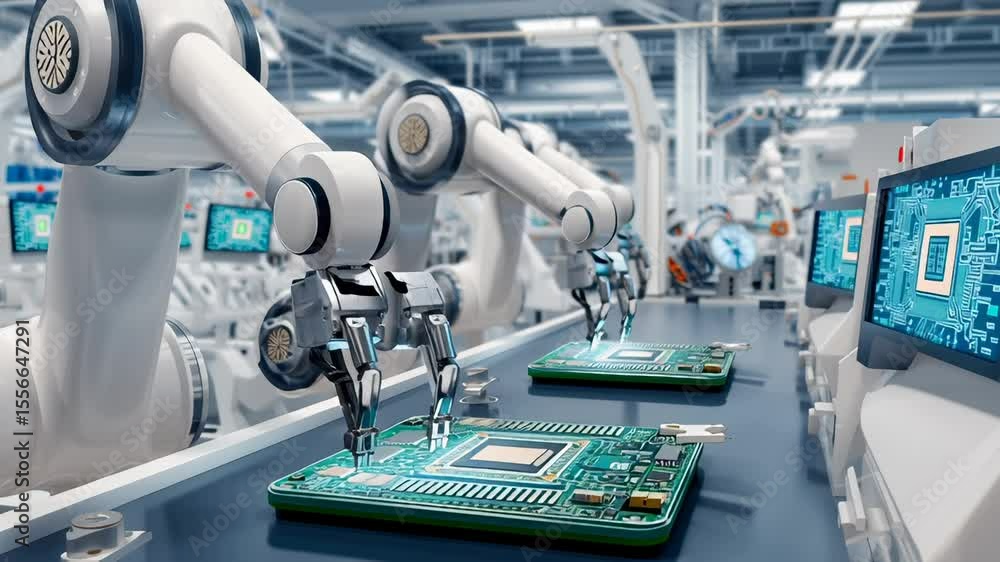 Poster robotic arms with precise manipulators processing circuit boards in high-tech manufacturing facility