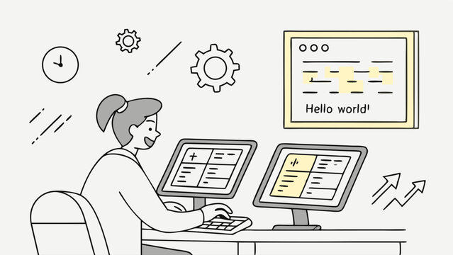 woman working on computer with multiple monitors.