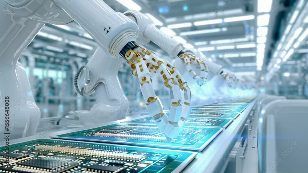 Poster white robotic arms with intricate golden-white manipulators precisely handling printed circuit board