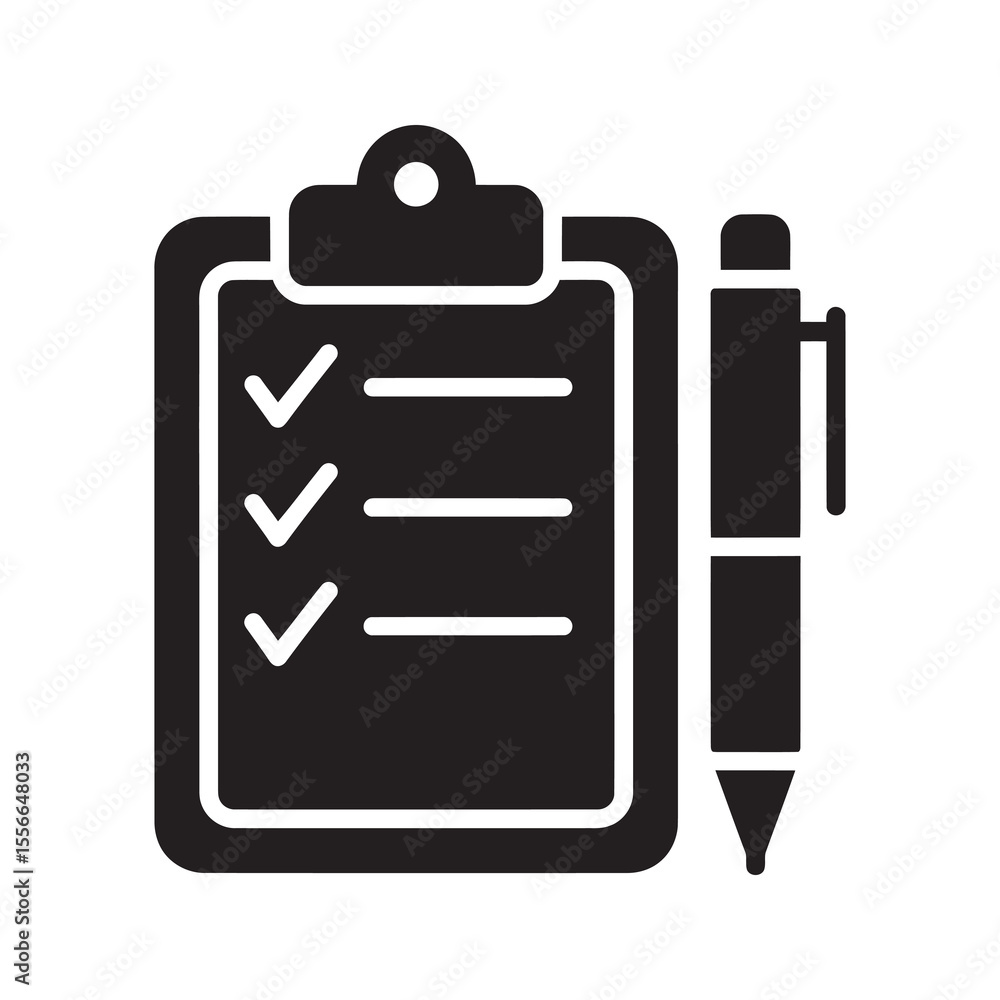Poster clipboard checklist solid glyph icon for task management and project planning document with pen for 