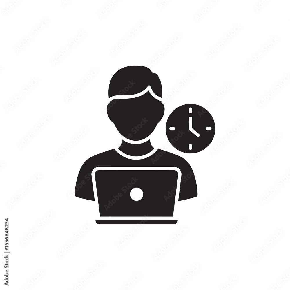 Poster employee time management solid glyph icon with person at laptop and clock for productivity and deadl