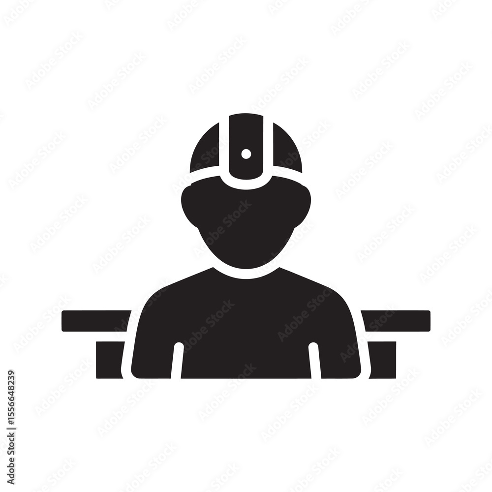 Poster construction worker solid glyph icon for engineer and builder with hard hat at a desk representing p