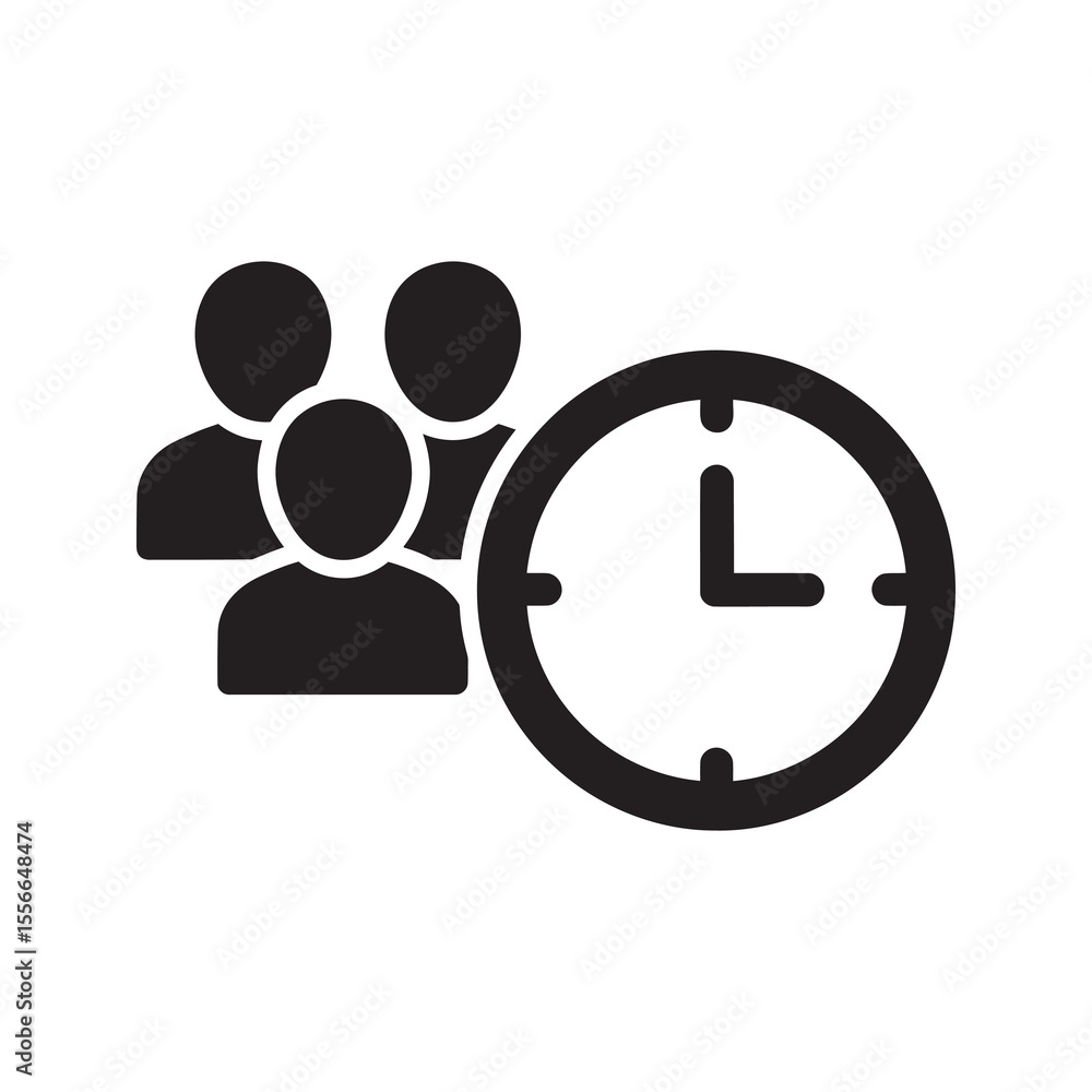 Poster team meeting time solid glyph icon with group of people and clock for project scheduling and busines