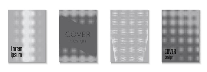 Abstract Poster Set. Modern Tech With Simple Shapes. Flat Invitation With Geometric Frame. White Halftone Template. Music Black And Grey  Flyer. 1980 Texture. Greyscale Abstract Poster