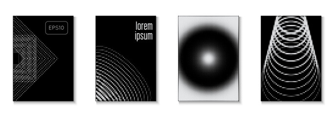Wave Poster Set. Music Black And White  Flyer. White Line Cover. Dots Pattern. Modern Shapes In Tech Layout. Minimalistic Brochure In 2d Frame. Black Wave Poster