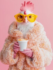 Funny chicken wearing yellow sunglasses and fluffy coat holding coffee cup on pink background, quirky animal fashion illustration concept