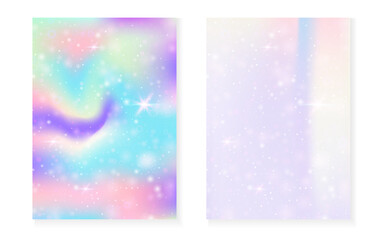 Rainbow background with kawaii princess gradient. Magic unicorn hologram. Holographic fairy set. Fluorescent fantasy cover. Rainbow background with sparkles and stars for cute girl party invitation.
