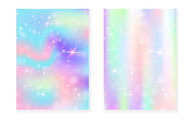 Magic background with princess rainbow gradient. Kawaii unicorn hologram. Holographic fairy set. Bright fantasy cover. Magic background with sparkles and stars for cute girl party invitation.