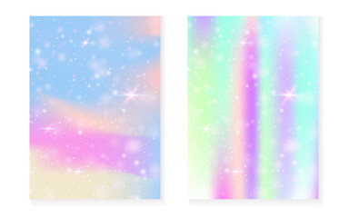 Unicorn background with kawaii magic gradient. Princess rainbow hologram. Holographic fairy set. Mystical fantasy cover. Unicorn background with sparkles and stars for cute girl party invitation.