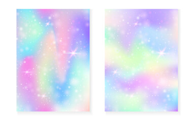 Kawaii background with rainbow princess gradient. Magic unicorn hologram. Holographic fairy set. Multicolor fantasy cover. Kawaii background with sparkles and stars for cute girl party invitation.
