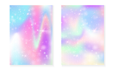 Kawaii background with rainbow princess gradient. Magic unicorn hologram. Holographic fairy set. Spectrum fantasy cover. Kawaii background with sparkles and stars for cute girl party invitation.