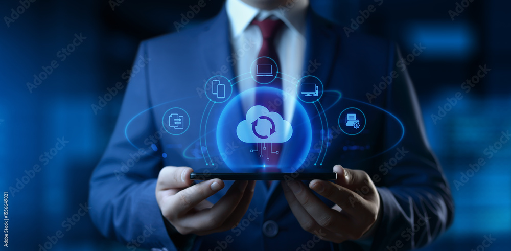 Poster businessman holding smartphone with cloud computing icons on screen. data transfer and cloud backup 