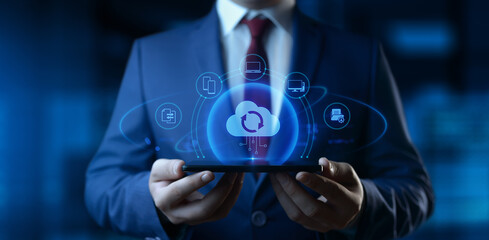 Businessman Holding smartphone with Cloud Computing Icons on Screen. Data transfer and Cloud Backup technology