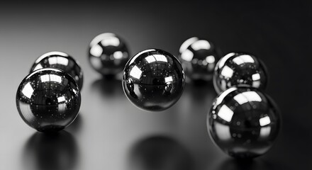 A group of shiny metallic spheres with reflections of a grid pattern and small lights scattered across a dark reflective surface