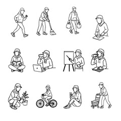 Hijab Woman Daily Activity Outline Vector Set. A collection of hijabi women in daily activities. Set of Muslim women wearing hijab doing productive tasks. set of hijab women in various poses. 