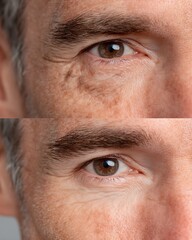 Comparative images of the skin around the eyes of a white man before and after, dark spots reduced, skin smoother