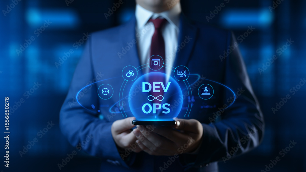 Poster businessman holding smartphone with dev ops development operations icons on screen
