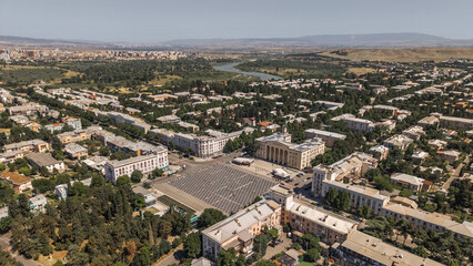Aerial view of Rustavi city center with Soviet-era architecture and green residential areas
