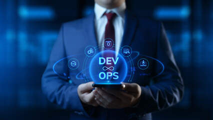 Businessman holding smartphone with Dev Ops Development Operations icons on screen