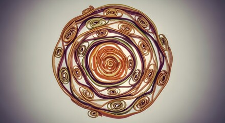 Intricate circular design formed by swirling natural materials with earthy tones against a gradient background