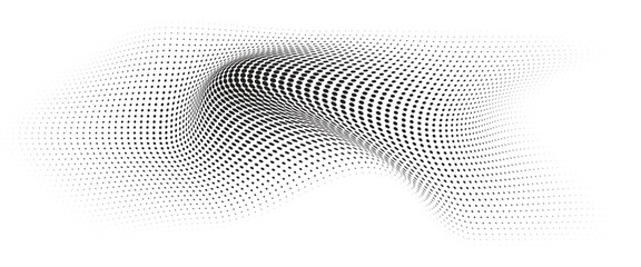 Flowing Wave Dot Halftone Pattern: Curve Gradient Shape on Transparent Background. Suitable for AI, Tech, Network, Digital, Science, and Technology Themes.	
